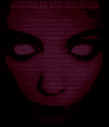 a close up of a woman 's face with glowing eyes and the words sideways and skeletons below it