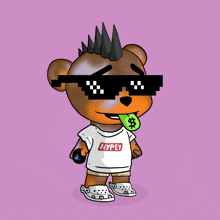 a bear wearing sunglasses and a shirt that says hypey sticking out his tongue