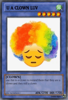 a card that says " u a clown luv " with a clown on it