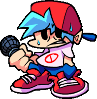 a cartoon character is singing into a microphone while wearing a red hat and blue shorts .