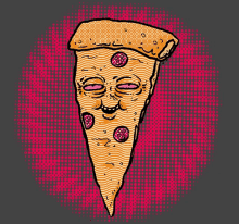 a cartoon drawing of a slice of pizza with a face