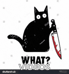 a black cat is holding a bloody knife with the words what ? videos below it