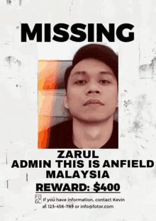 a missing poster for a man named zarul admin