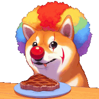 a dog with a clown wig on eating a steak