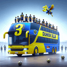 a blue and yellow double decker bus with the number 3 on the side