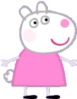 peppa pig is wearing a pink dress and black shoes and is smiling .