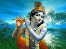 a painting of a krishna playing a flute in a field