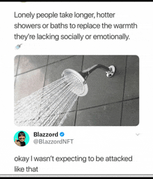 a tweet from blazzard shows a shower head with water coming out of it