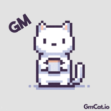 a pixel art drawing of a cat holding a cup with gm written above it