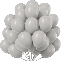 a bunch of gray balloons with white strings