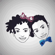 a black and white drawing of a boy and a girl with bows in their hair