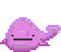 a pixel art illustration of a purple whale with a black nose and mouth .