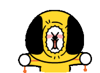 a cartoon drawing of a yellow circle with a black nose and ears