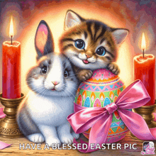 a picture of a cat and a rabbit holding an easter egg