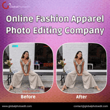 a before and after photo of a woman sitting on a bench in front of a building