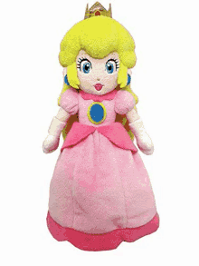 princess peach from super mario bros is a stuffed animal in a pink dress with a crown on her head .