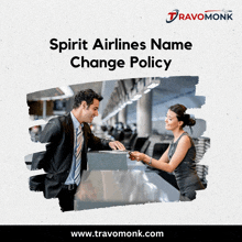 a poster for spirit airlines name change policy shows a man and woman