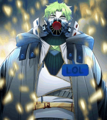 a man with green hair is wearing a gas mask and has a lol sign on his chest