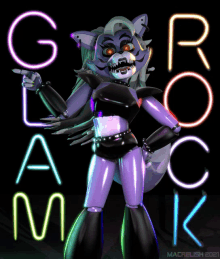 a cartoon character is standing in front of a neon sign that says g l a m k