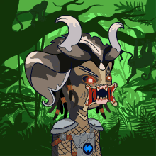 a cartoon drawing of a predator with horns and red eyes in the jungle