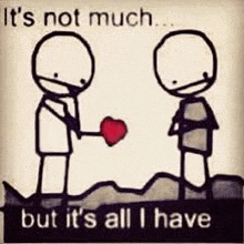 a couple of stick figures standing next to each other holding a heart in their hands .