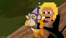 a pixel art of a monkey wearing a party hat holding another monkey