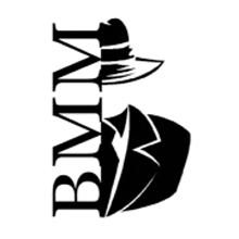 a black and white logo of a man in a suit and hat