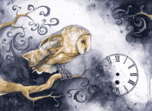 a painting of an owl sitting on a tree branch with a clock in the background