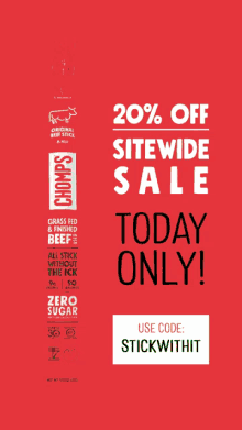 an advertisement for chomps beef jerky says 20 % off sitewide sale