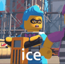 a lego character with blue hair is holding an orange object and the word ice is on the bottom