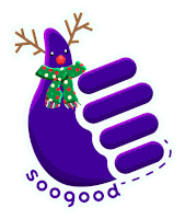 a logo for soogood with a purple reindeer wearing a scarf and antlers