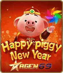 a cartoon pig is holding a windmill in a happy piggy new year game .