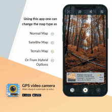 an advertisement for a gps video camera app that allows users to change the map type as normal map satellite map terrain map or from hybrid options