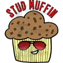 a cartoon drawing of a muffin wearing sunglasses and the words stud muffin