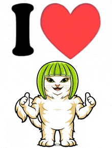 a cartoon cat with a green wig is giving a thumbs up in front of a heart that says i love