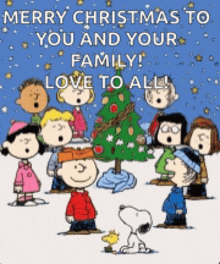 a group of peanuts characters singing merry christmas to you and your family .