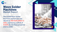 the wave solder machines market report shows a person typing on a laptop