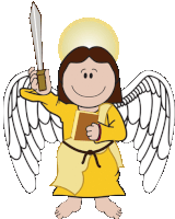 a cartoon of an angel holding a sword and a book