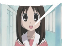 a cartoon girl is smiling in a hallway with a white arrow pointing to her nose