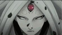 a close up of a anime character with a red eye and white hair