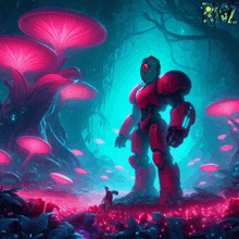 a painting of a robot surrounded by pink mushrooms and the word riz