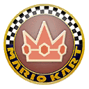 a mario kart logo with a crown in the center .