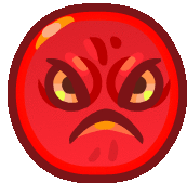 a red circle with an angry face and yellow eyes