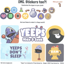 a poster for yeeps hide & seek shows a purple monster holding a lollipop