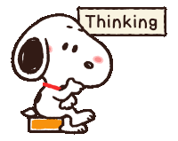 a cartoon drawing of snoopy with a sign above his head that says " thinking "