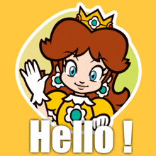 a sticker of princess daisy waving with the words hello written below her