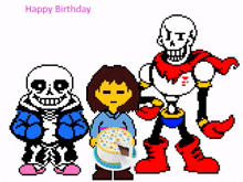 a pixel art drawing of sans papyrus and frisk holding a birthday cake