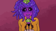 a cartoon character with purple hair and a green heart on her chest .