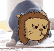 a cartoon lion with a cigarette in its mouth is crawling on the floor