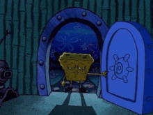 spongebob squarepants is standing in front of a blue door in a tunnel .